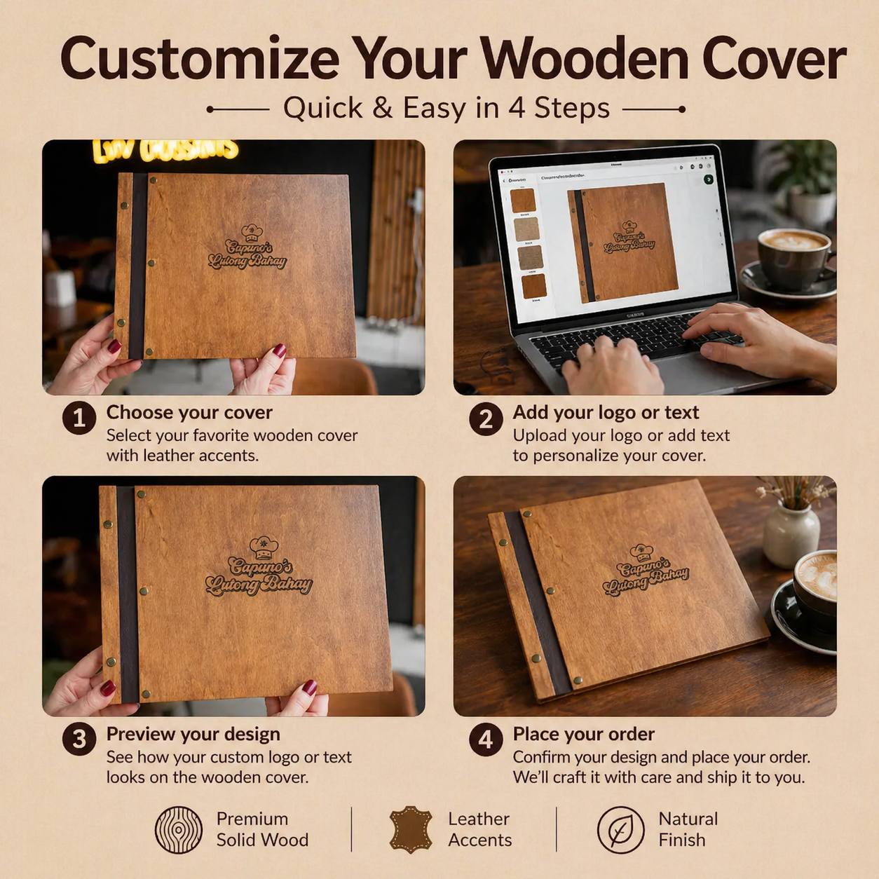 Eco-friendly wooden menu cover for restaurants (custom size and free engraving)