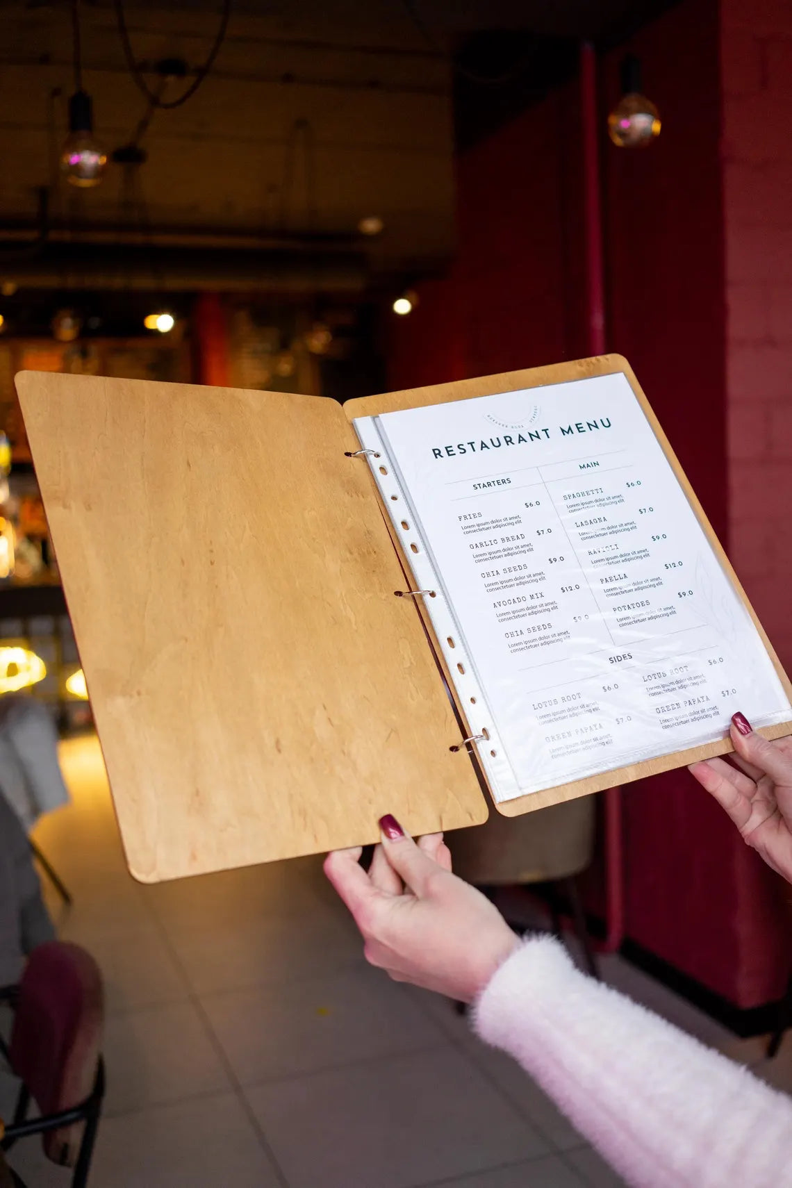 Restaurant Menu Cover, Wooden Menu with rings, Menu Cover