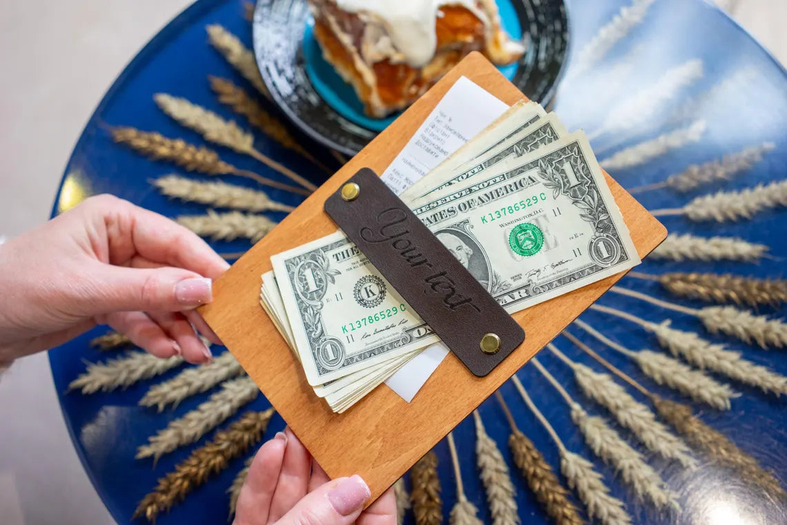 Personalized Wooden Check Presenter with Leather Strap – Rustic Tip Tray for Restaurants & Cafes – Custom Engraved Bill Holder