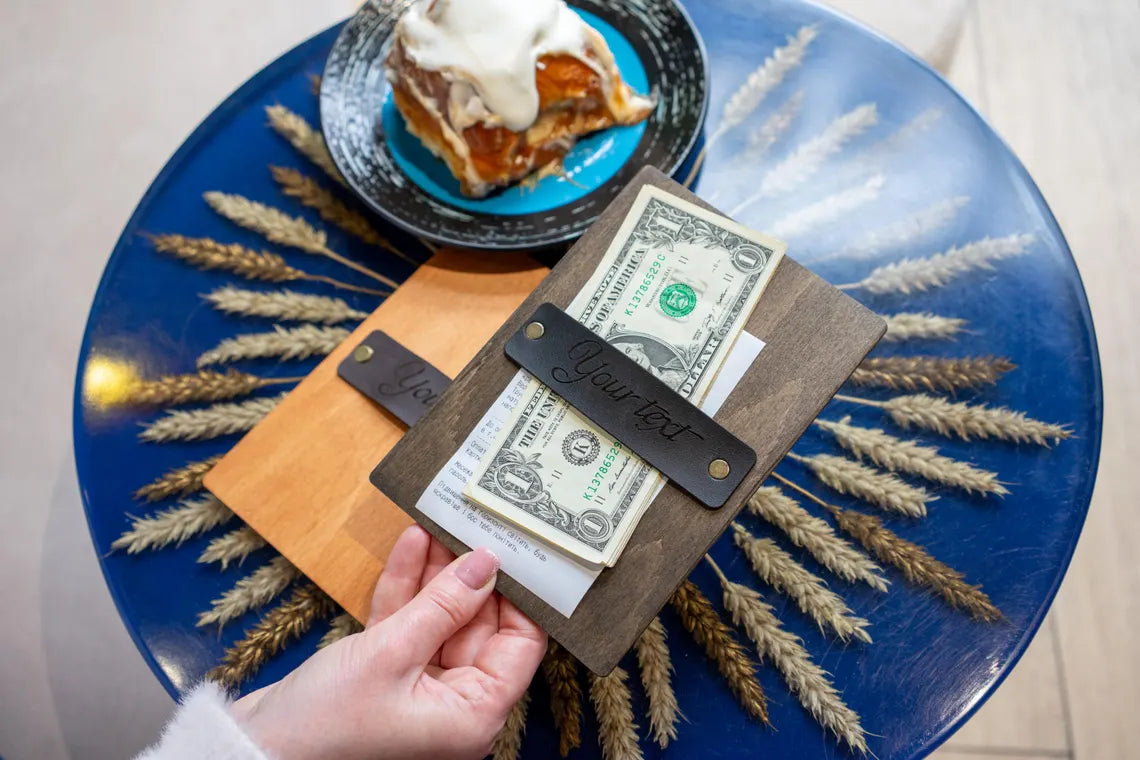 Personalized Wooden Check Presenter with Leather Strap – Rustic Tip Tray for Restaurants & Cafes – Custom Engraved Bill Holder