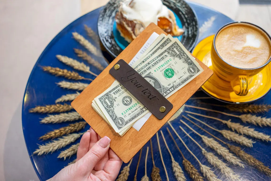 Personalized Wooden Check Presenter with Leather Strap – Rustic Tip Tray for Restaurants & Cafes – Custom Engraved Bill Holder