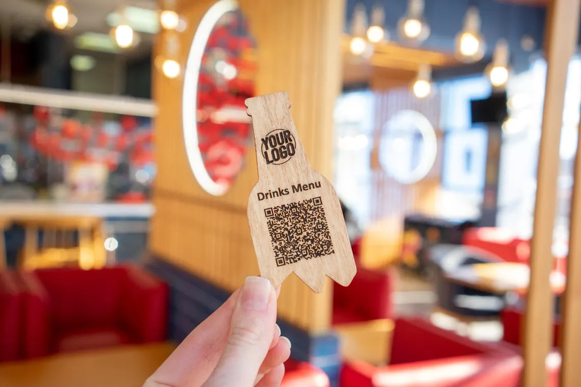 QR code menu in the shape of a bottle, QR code menu sign, Wooden qr cod sign