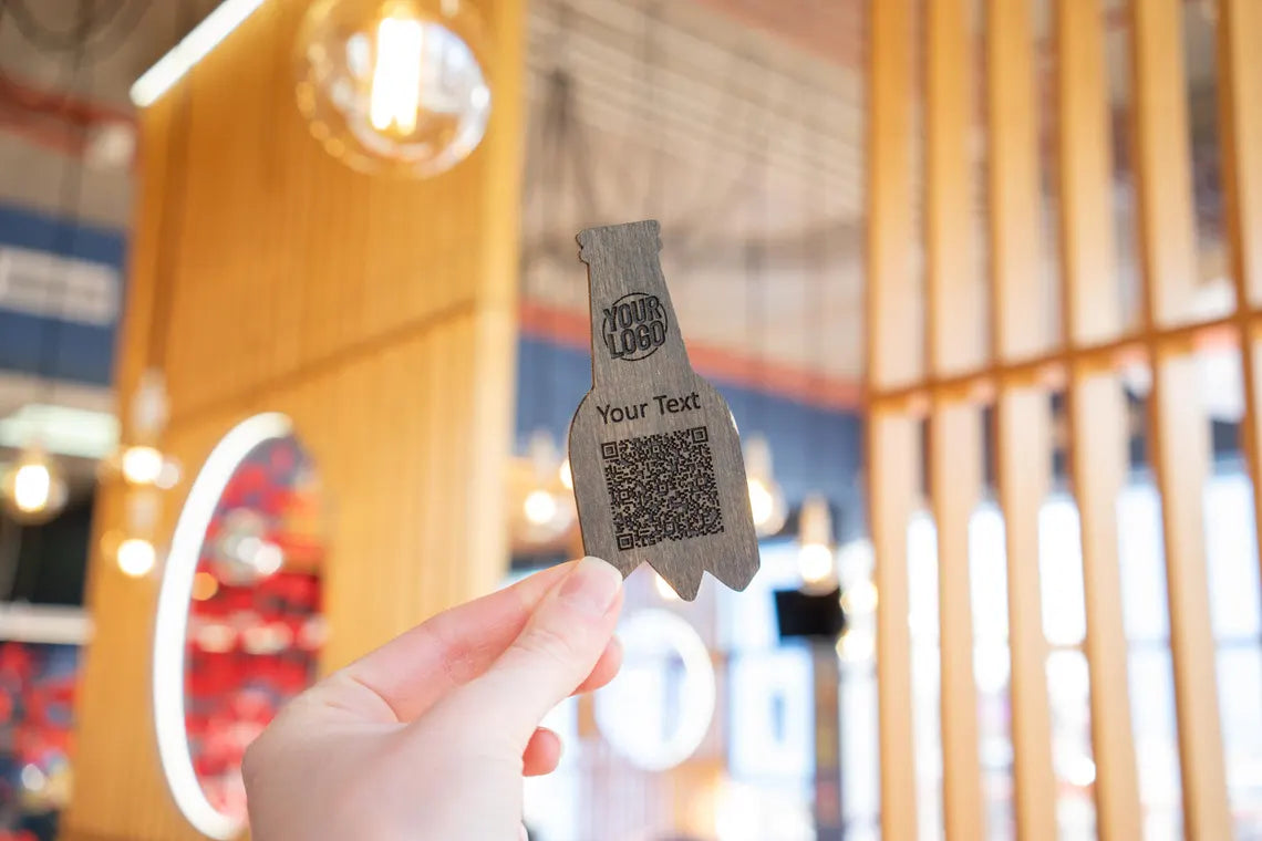 QR code menu in the shape of a bottle, QR code menu sign, Wooden qr cod sign