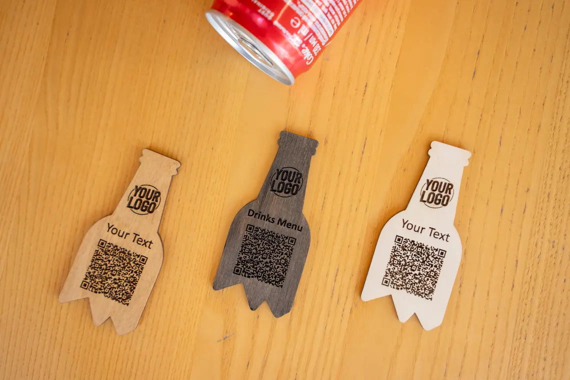 QR code menu in the shape of a bottle, QR code menu sign, Wooden qr cod sign