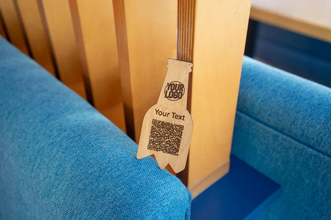 QR code menu in the shape of a bottle, QR code menu sign, Wooden qr cod sign