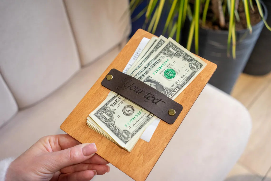 Personalized Wooden Check Presenter with Leather Strap – Rustic Tip Tray for Restaurants & Cafes – Custom Engraved Bill Holder