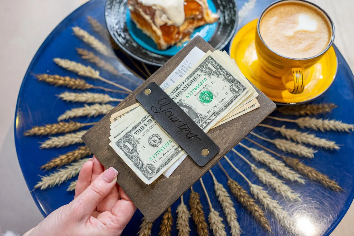 Personalized Wooden Check Presenter with Leather Strap – Rustic Tip Tray for Restaurants & Cafes – Custom Engraved Bill Holder