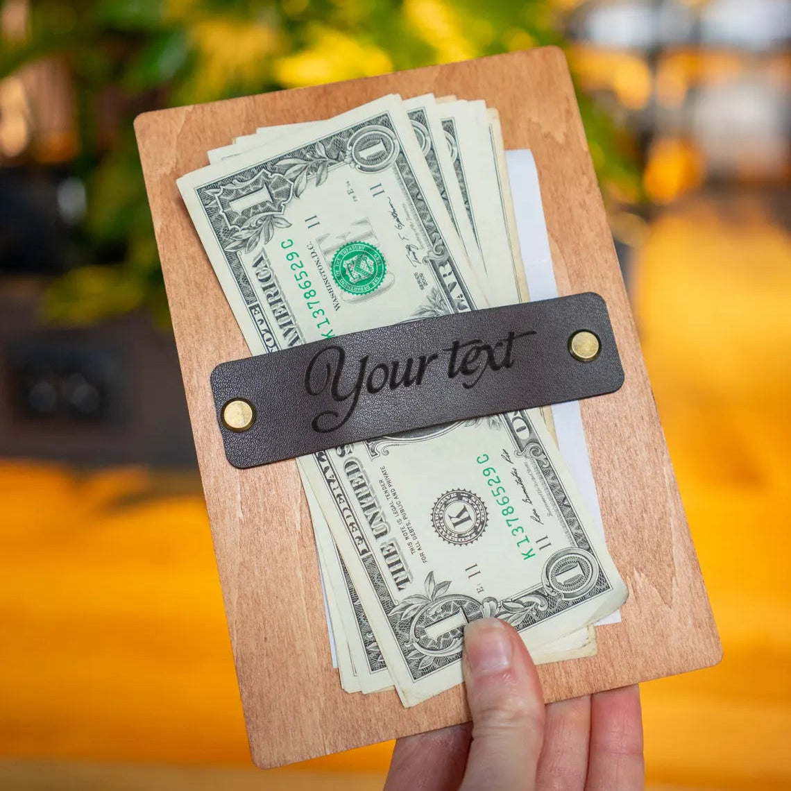 Personalized Wooden Check Presenter with Leather Strap – Rustic Tip Tray for Restaurants & Cafes – Custom Engraved Bill Holder