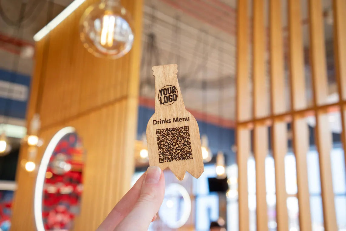 QR code menu in the shape of a bottle, QR code menu sign, Wooden qr cod sign