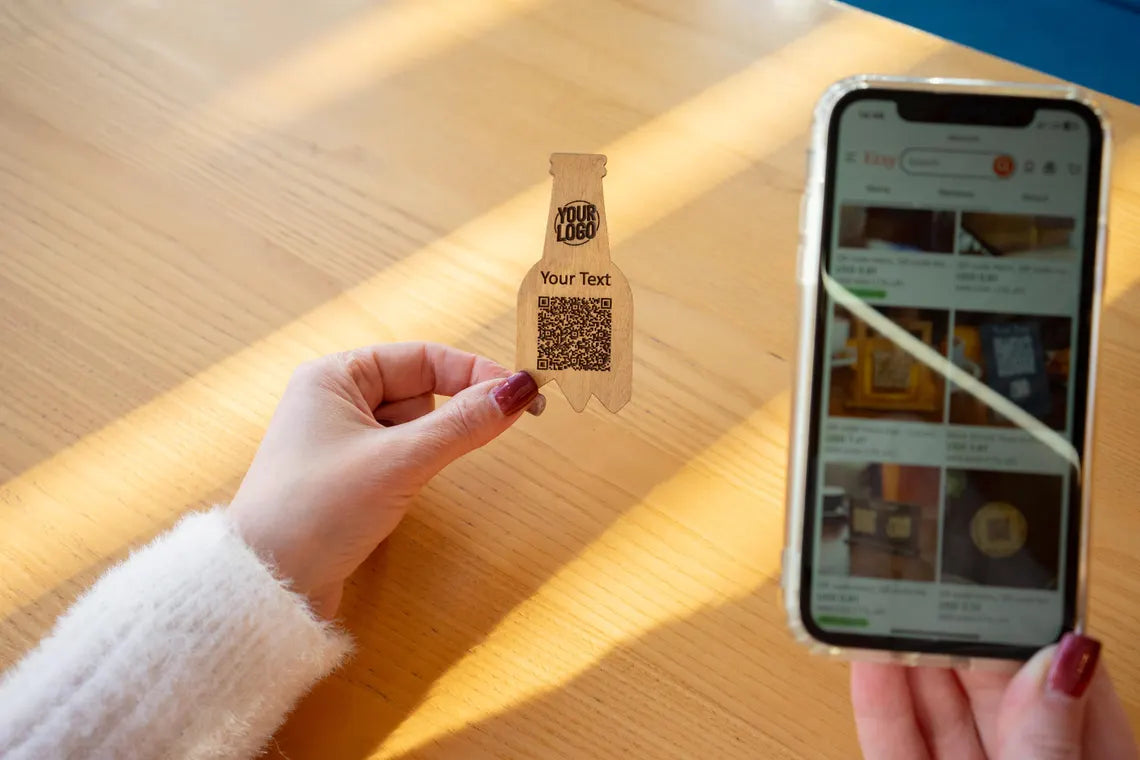 QR code menu in the shape of a bottle, QR code menu sign, Wooden qr cod sign