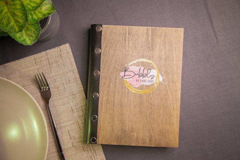 Light Wood Menu Cover with Black Elastic Band