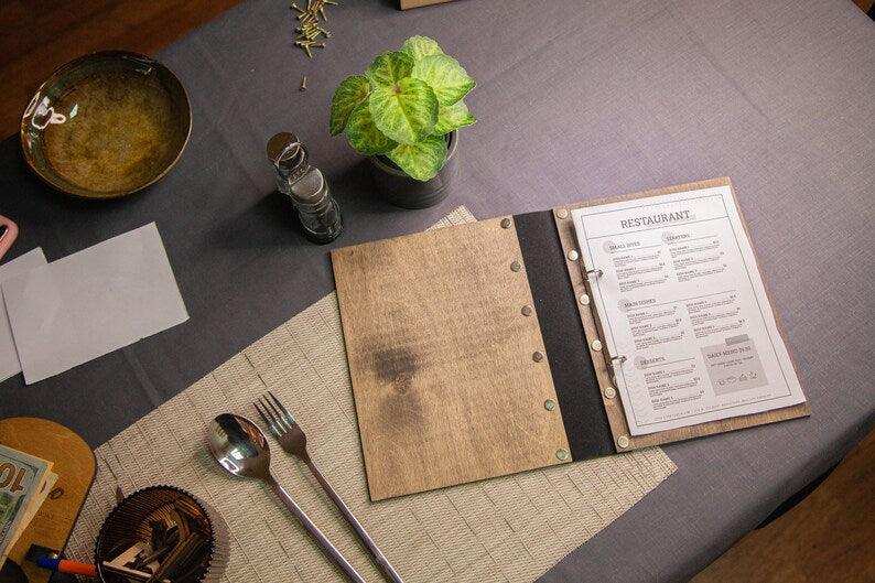 Light Wood Menu Cover with Black Elastic Band