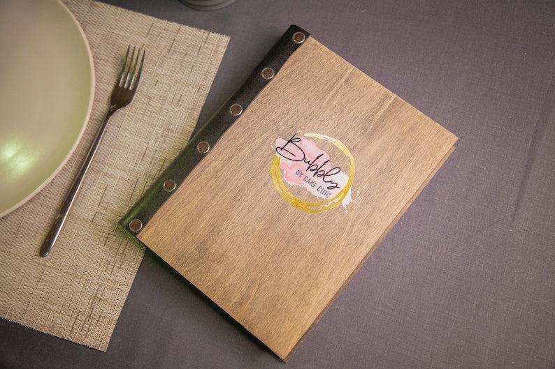 Light Wood Menu Cover with Black Elastic Band