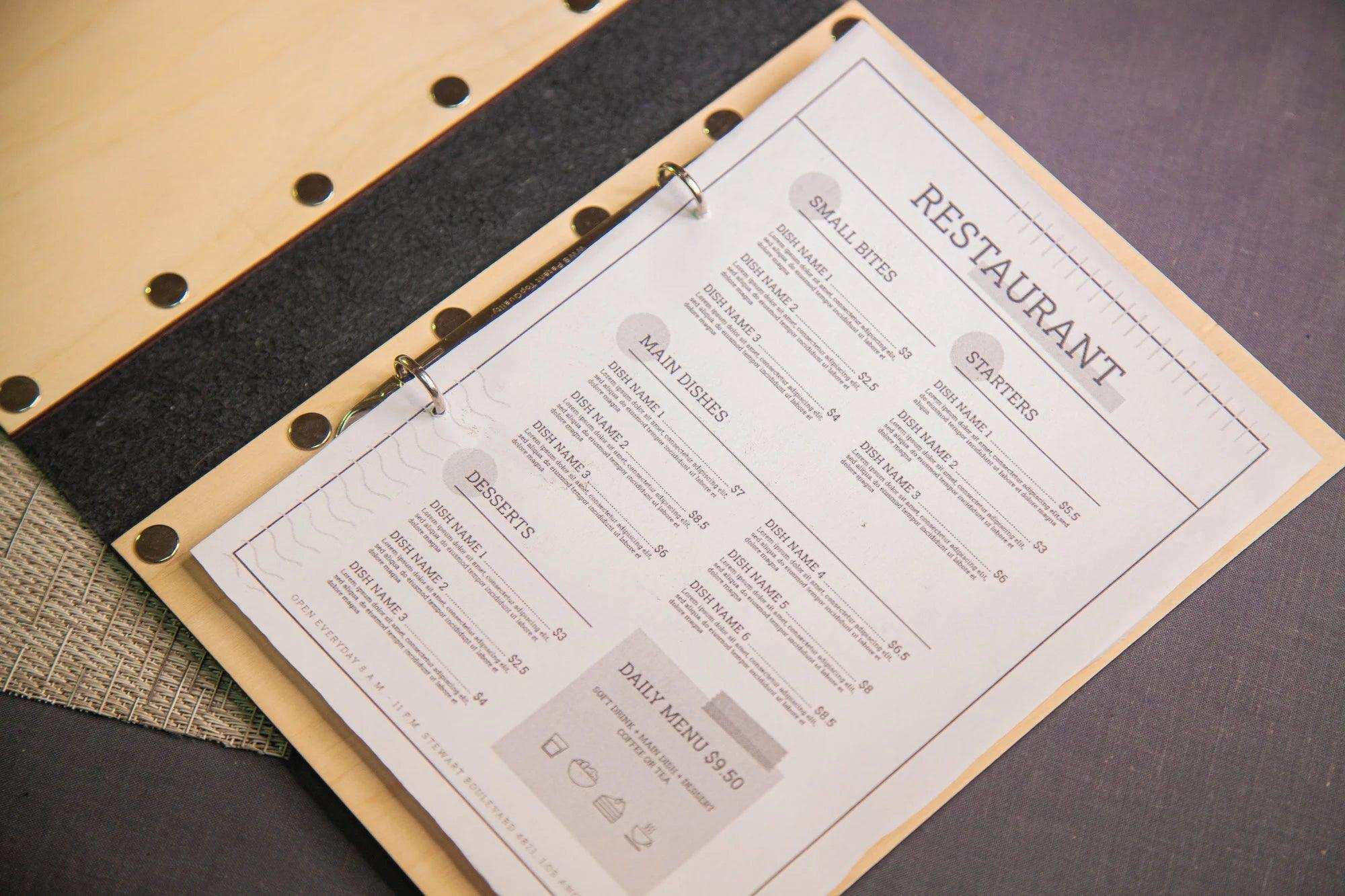 Dark Wood Menu Cover with Gold Trim