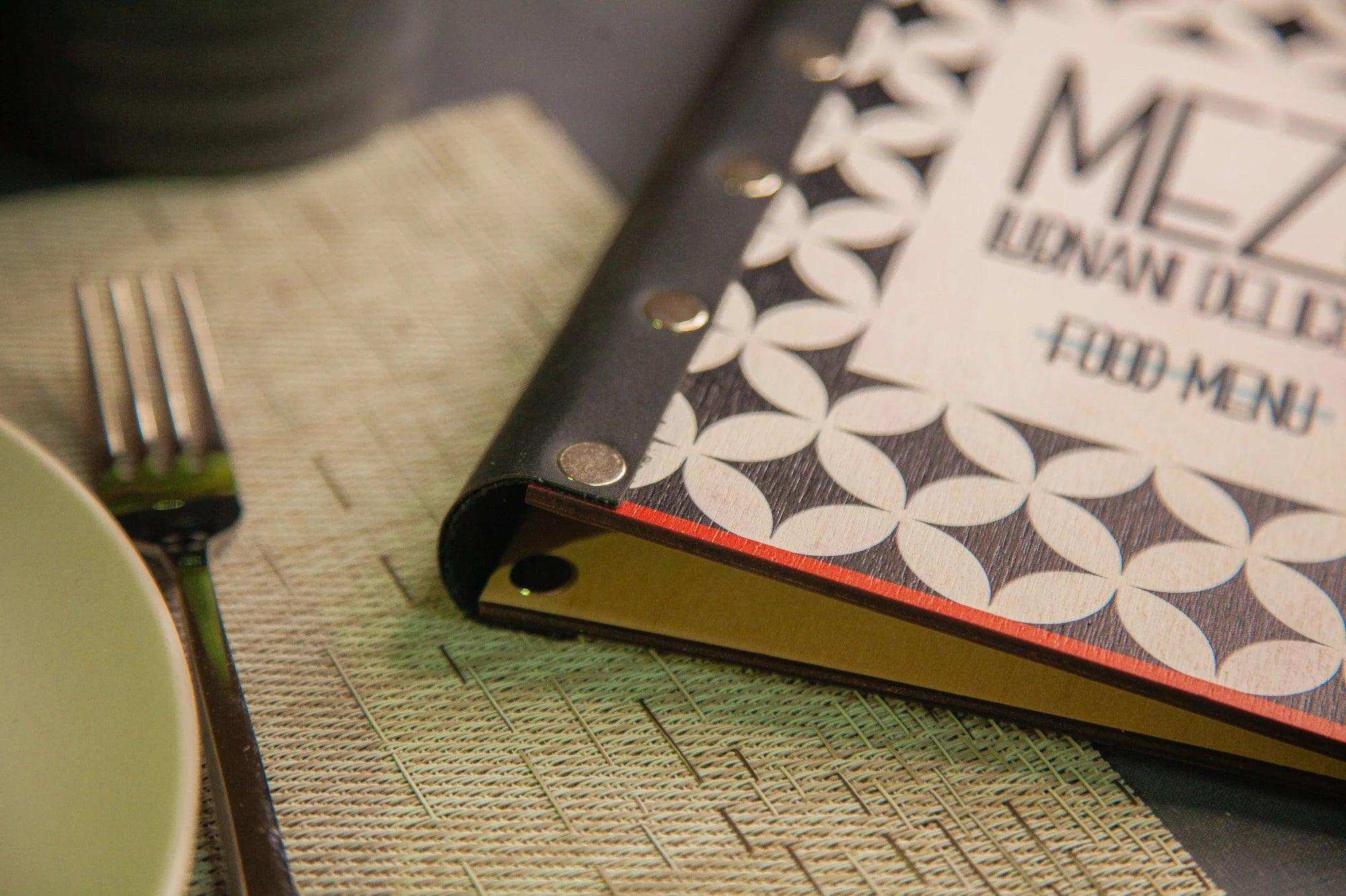 Dark Wood Menu Cover with Gold Trim