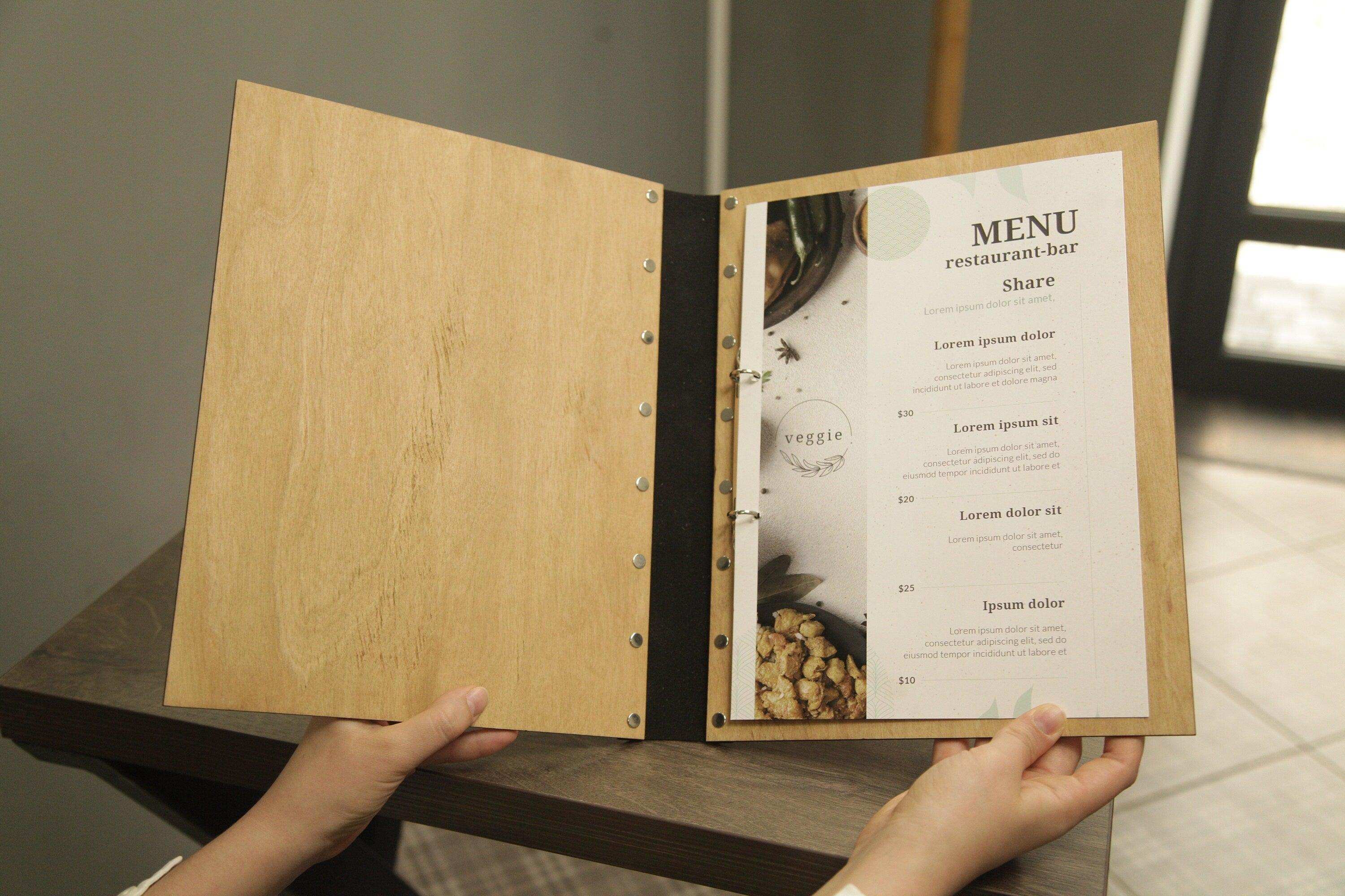 Mahogany Wood Menu Cover with Metal Corners