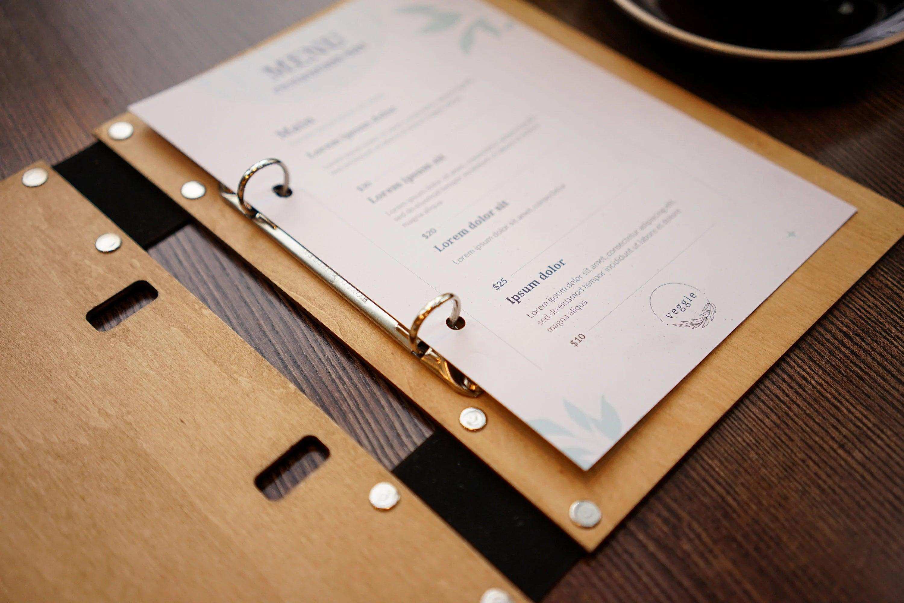 Custom Wooden Presentation Binder Menu for Restaurants