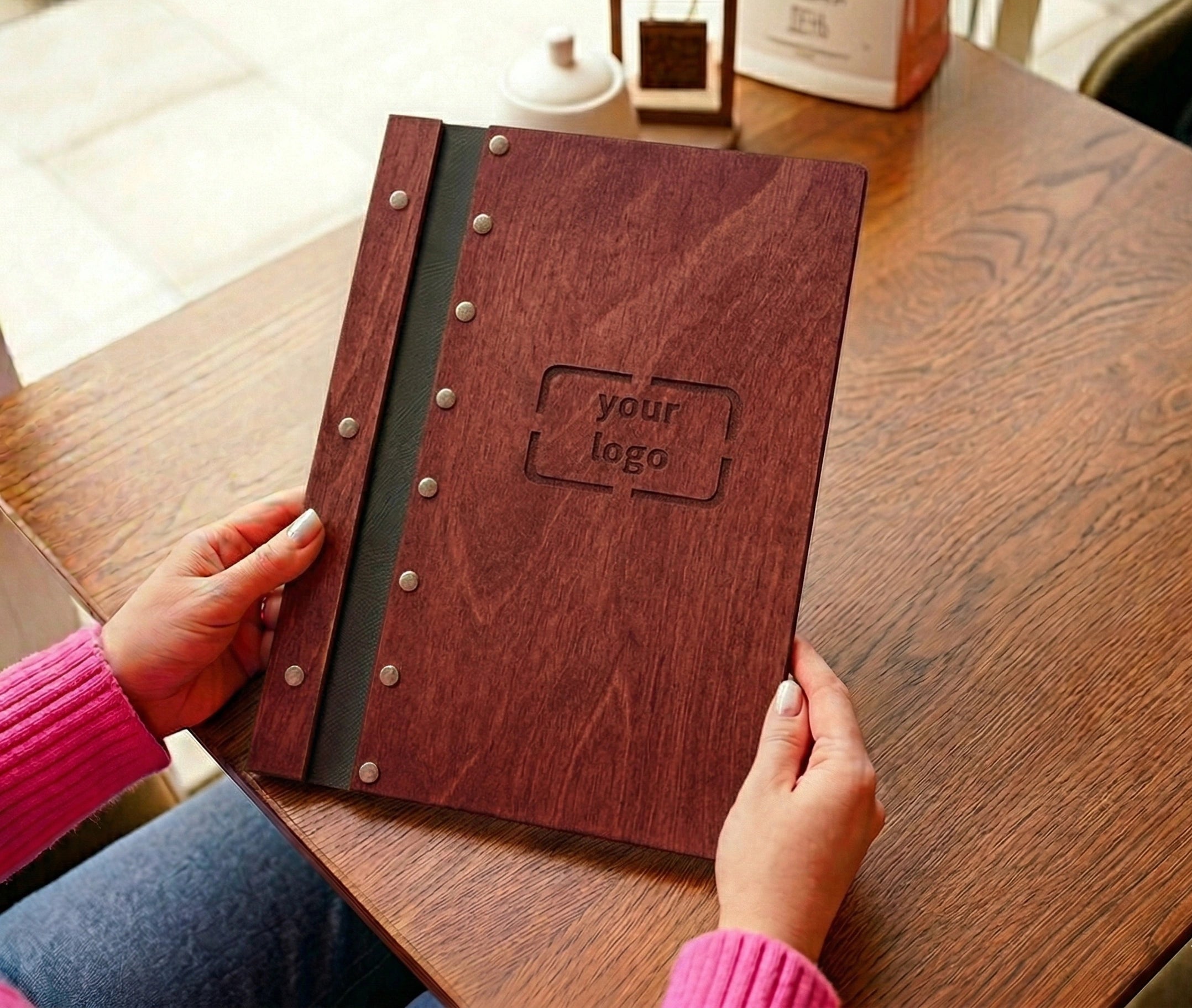 Custom size wooden menu cover for restaurants, eco-friendly, with free engraving