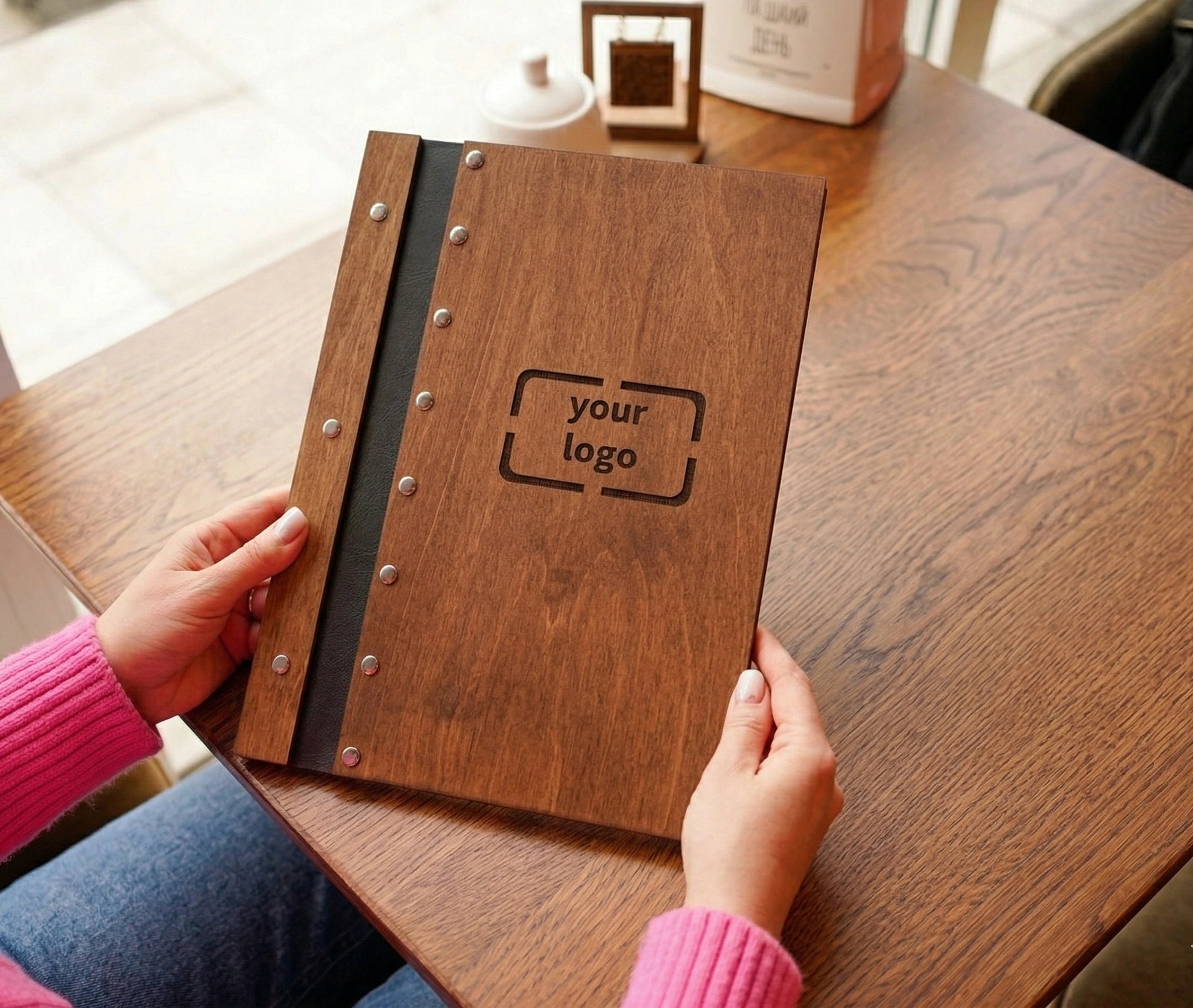 Custom size wooden menu cover for restaurants, eco-friendly, with free engraving