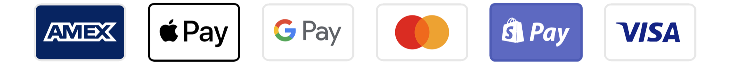 Logos of various payment methods including AMEX, Apple Pay, Google Pay, Mastercard, PayPal, and Visa on a white background.