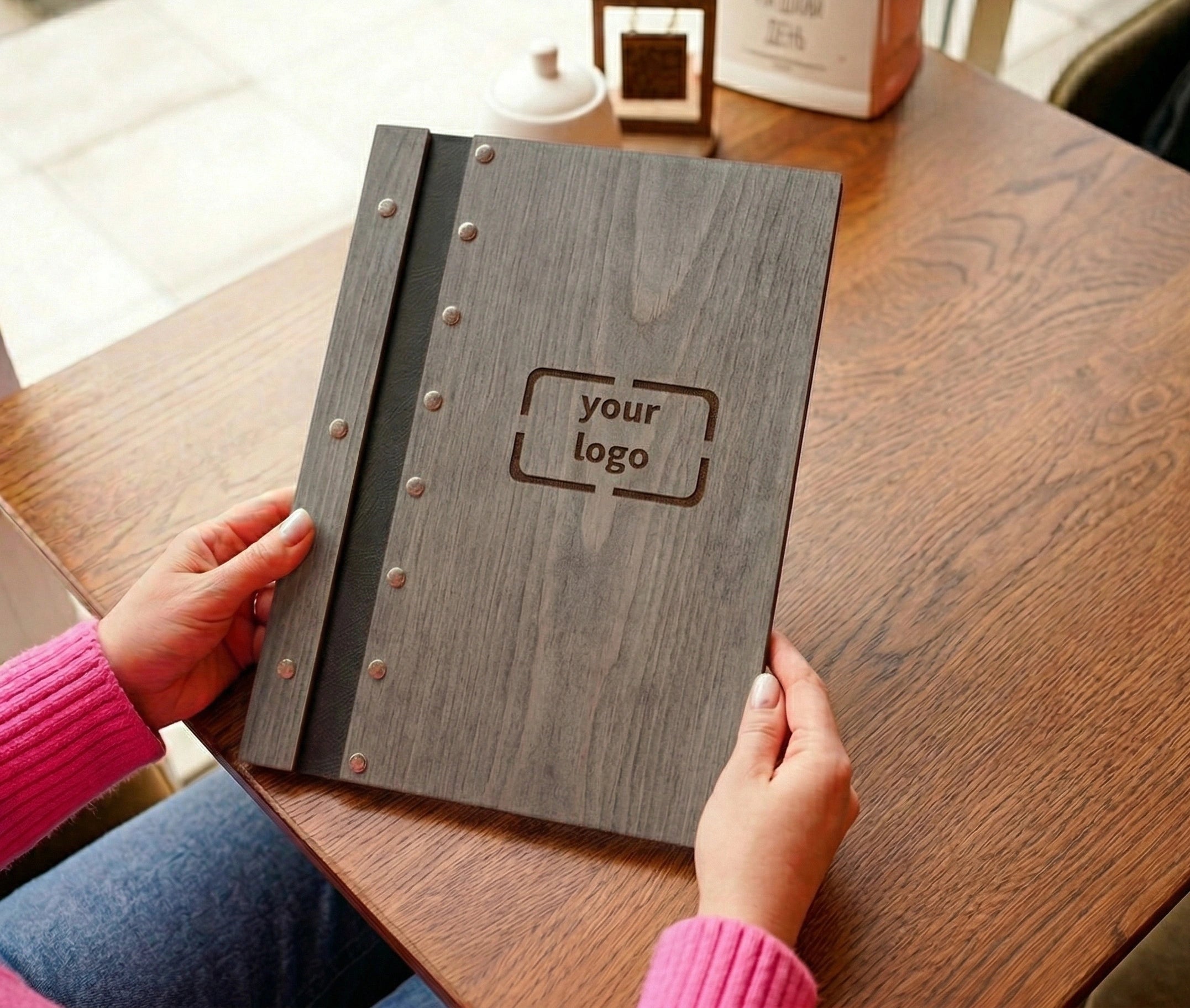 Custom size wooden menu cover for restaurants, eco-friendly, with free engraving