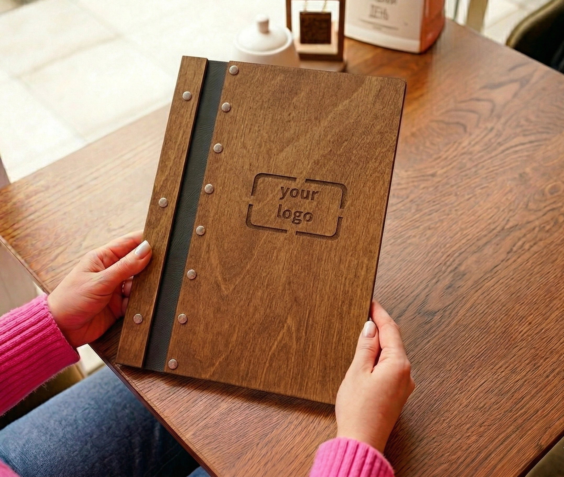 Custom size wooden menu cover for restaurants, eco-friendly, with free engraving