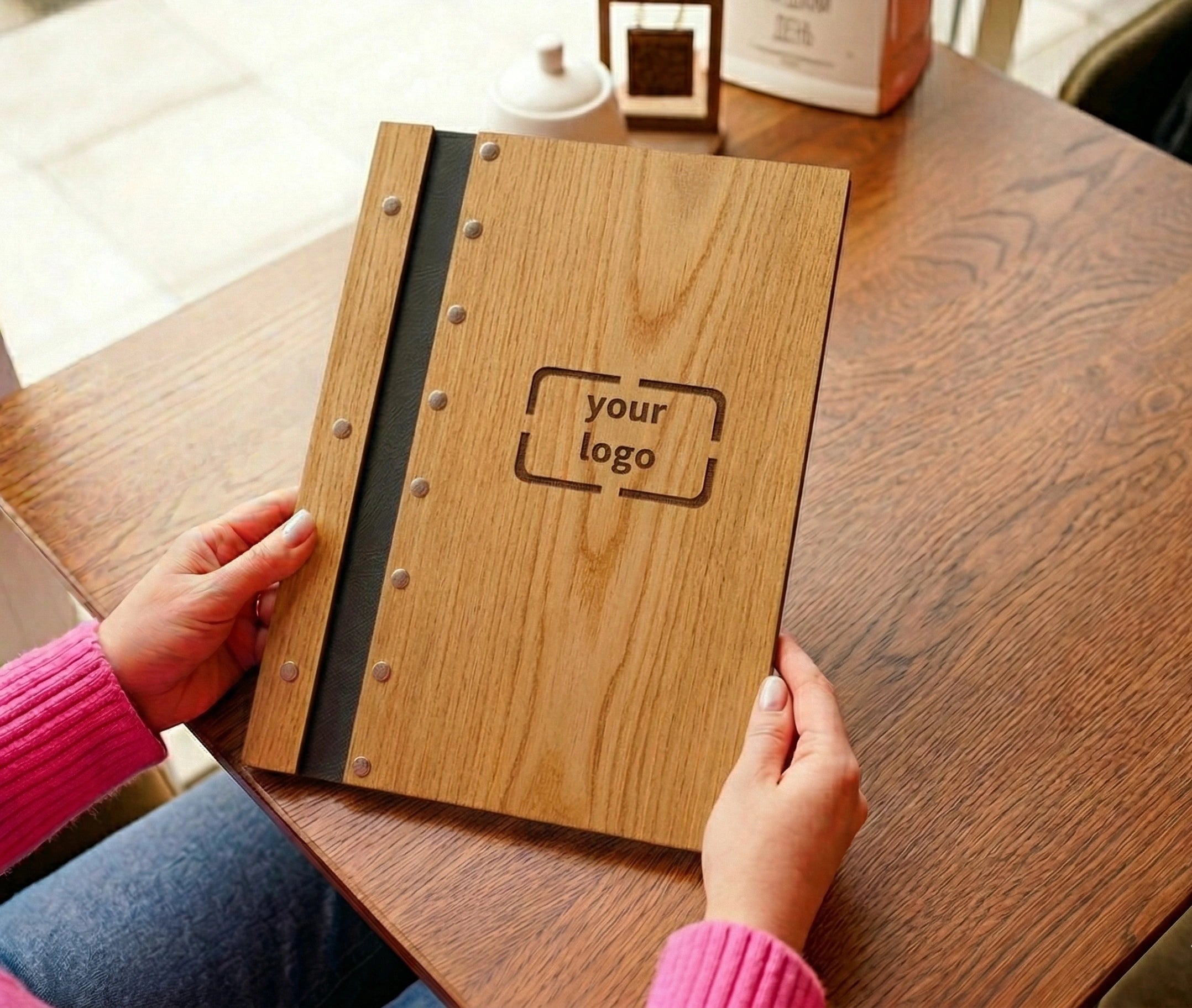 Custom size wooden menu cover for restaurants, eco-friendly, with free engraving