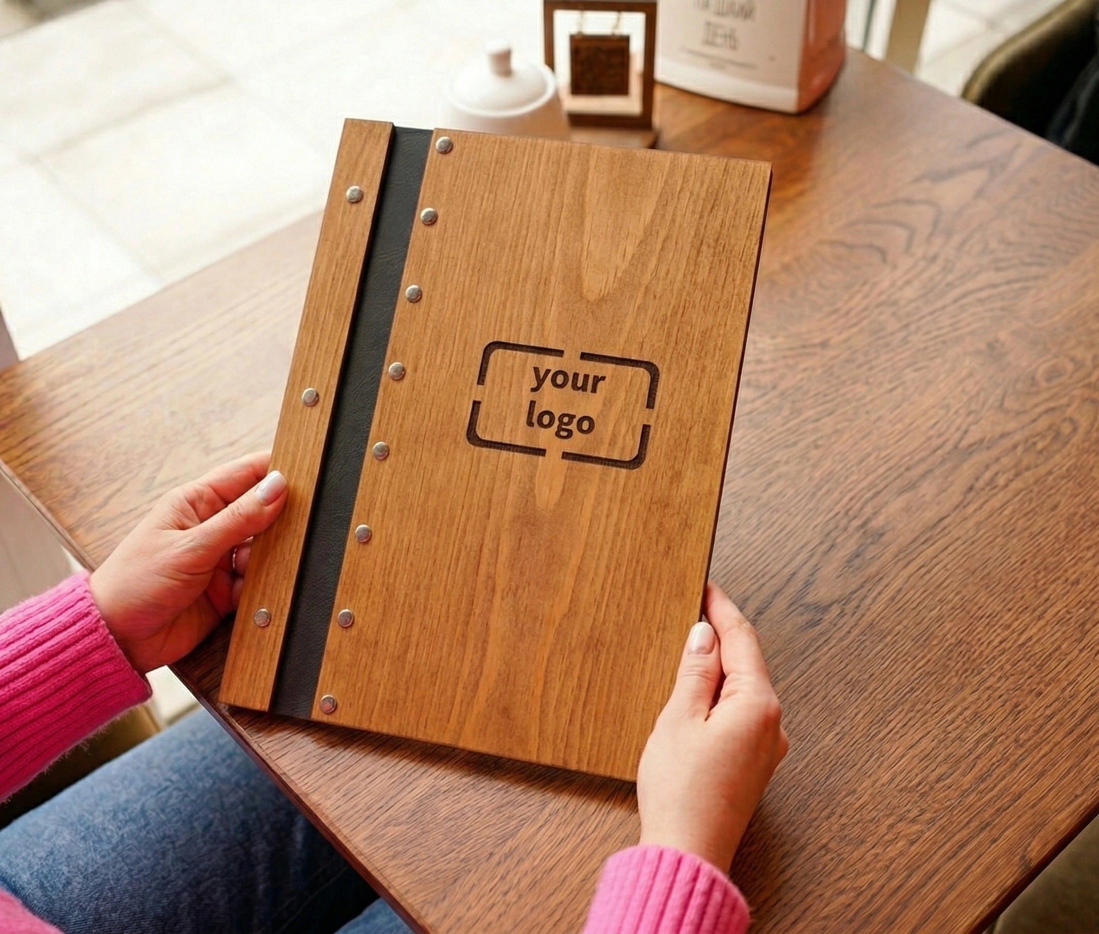 Custom size wooden menu cover for restaurants, eco-friendly, with free engraving