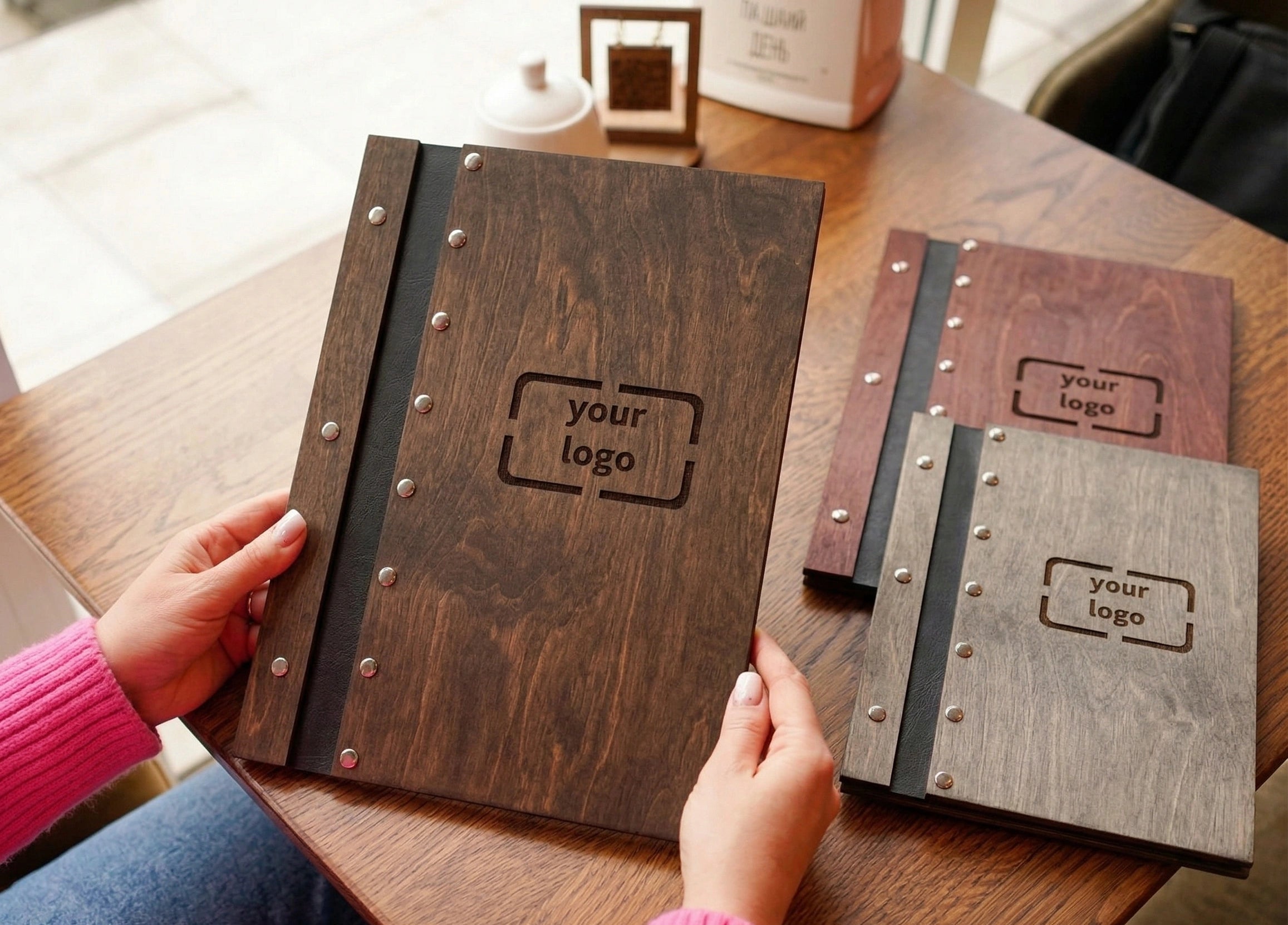 Custom size wooden menu cover for restaurants, eco-friendly, with free engraving