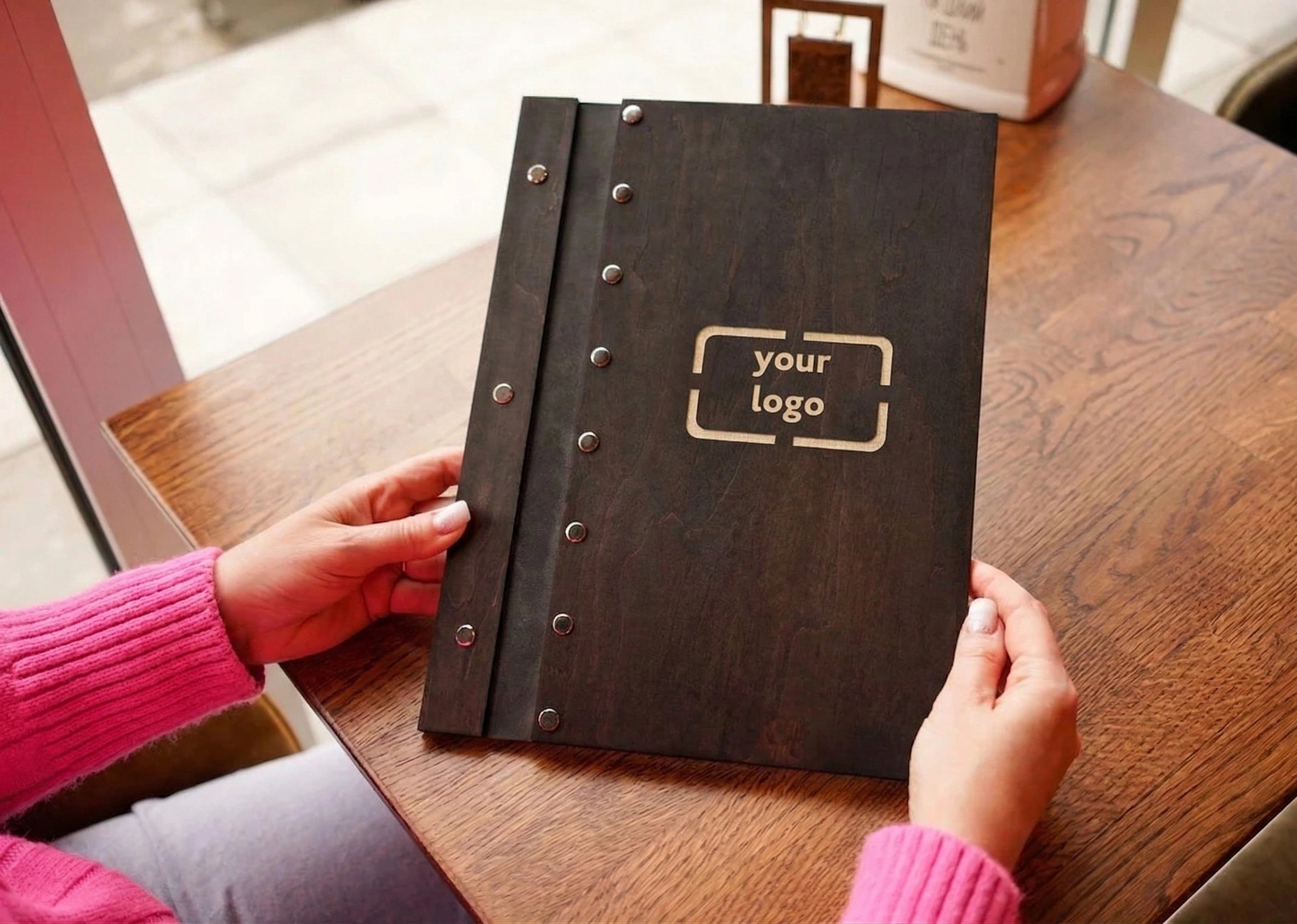 Custom size wooden menu cover for restaurants, eco-friendly, with free engraving