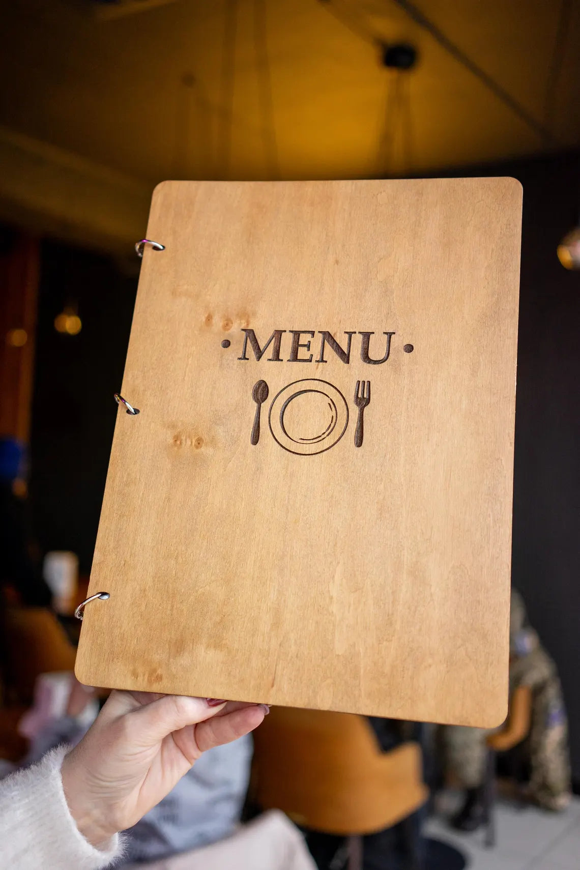 Restaurant Menu Cover, Wooden Menu with rings, Menu Cover