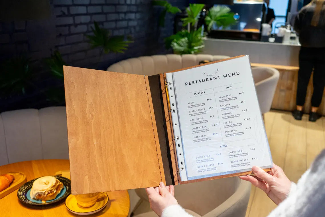 Wooden Menu with 4 ring clamp, Menu Cover, Restaurant Menu Cover