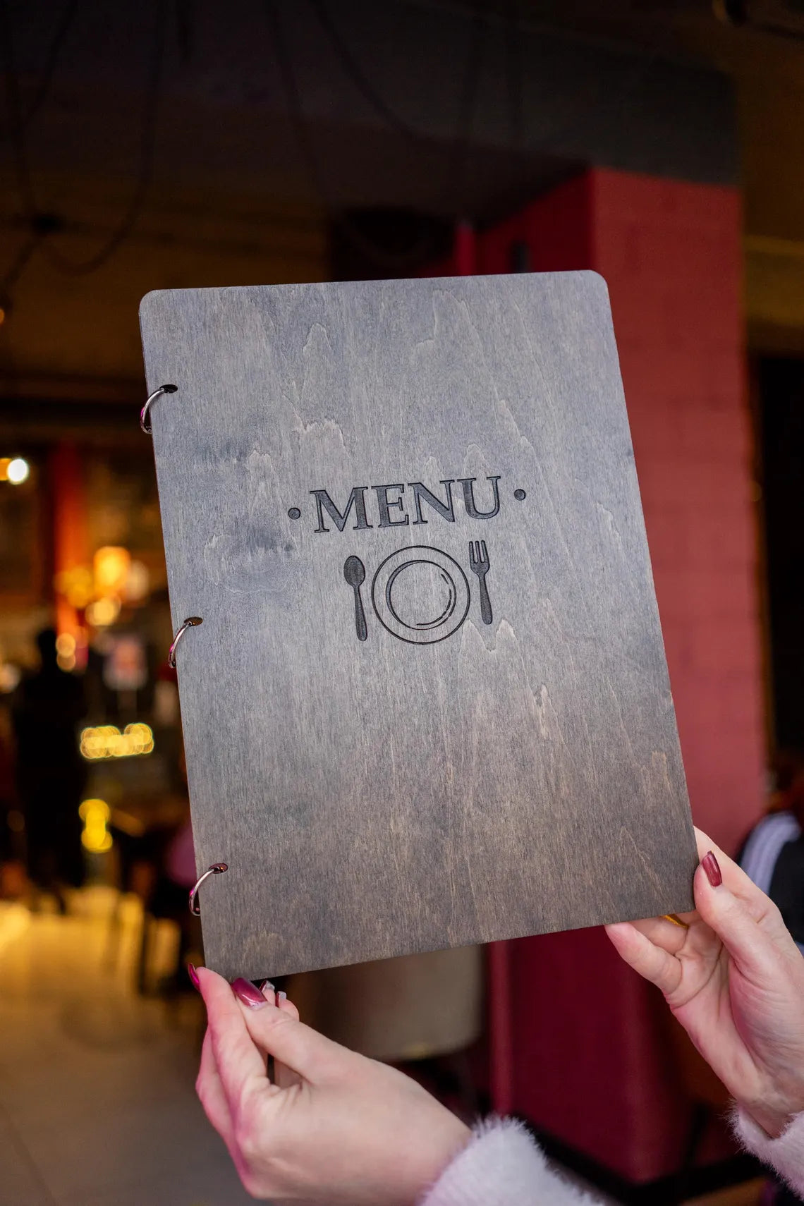 Restaurant Menu Cover, Wooden Menu with rings, Menu Cover
