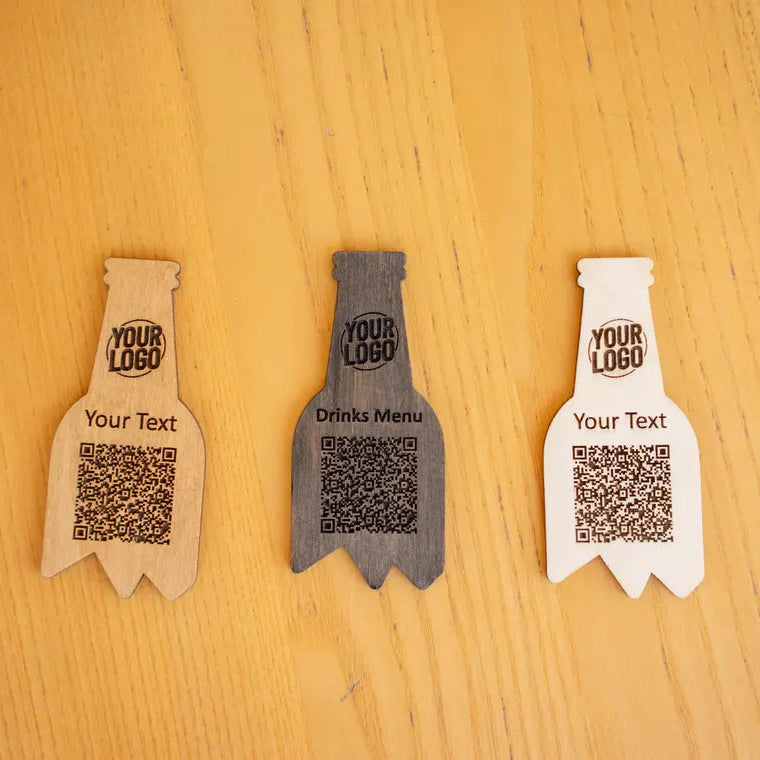 QR code menu in the shape of a bottle, QR code menu sign, Wooden qr cod sign