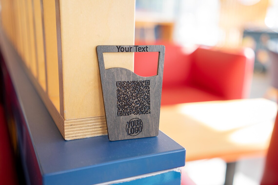 Custom Wooden Table QR Code Sign with Logo – Personalized Contactless Menu Stand for Restaurants, Bars, Cafes