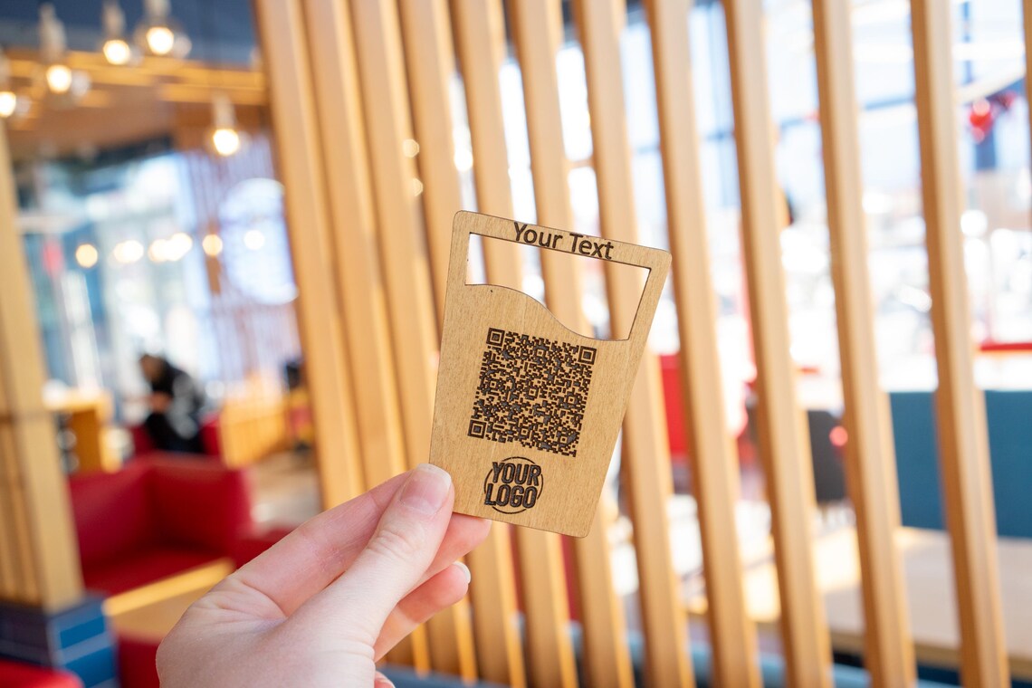 Custom Wooden Table QR Code Sign with Logo – Personalized Contactless Menu Stand for Restaurants, Bars, Cafes