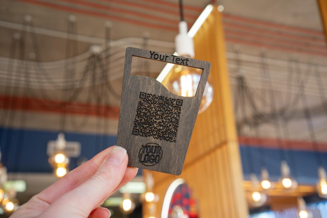Custom Wooden Table QR Code Sign with Logo – Personalized Contactless Menu Stand for Restaurants, Bars, Cafes