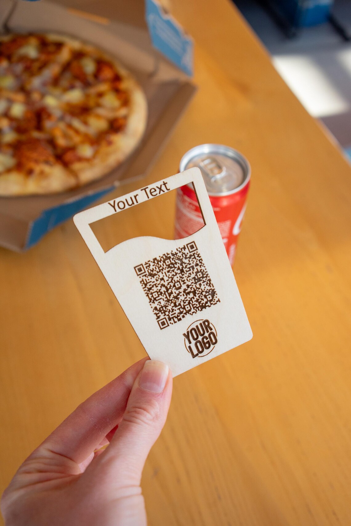 Custom Wooden Table QR Code Sign with Logo – Personalized Contactless Menu Stand for Restaurants, Bars, Cafes