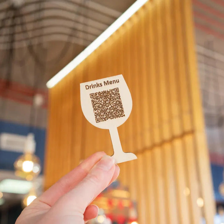 Custom Wine Glass QR Code Sign – Wooden Laser Engraved Menu Holder – Personalized Wine Bar Display – Restaurant QR Sign – Custom Logo Gift