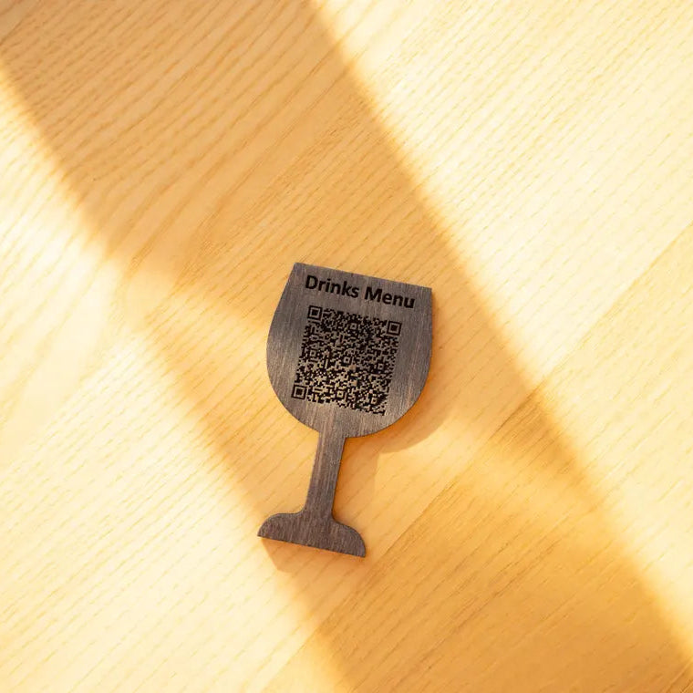 Custom Wine Glass QR Code Sign – Wooden Laser Engraved Menu Holder – Personalized Wine Bar Display – Restaurant QR Sign – Custom Logo Gift