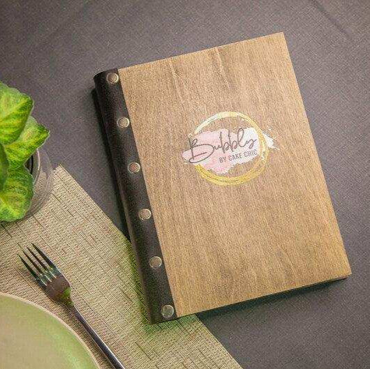 Light Wood Menu Cover with Black Elastic Band