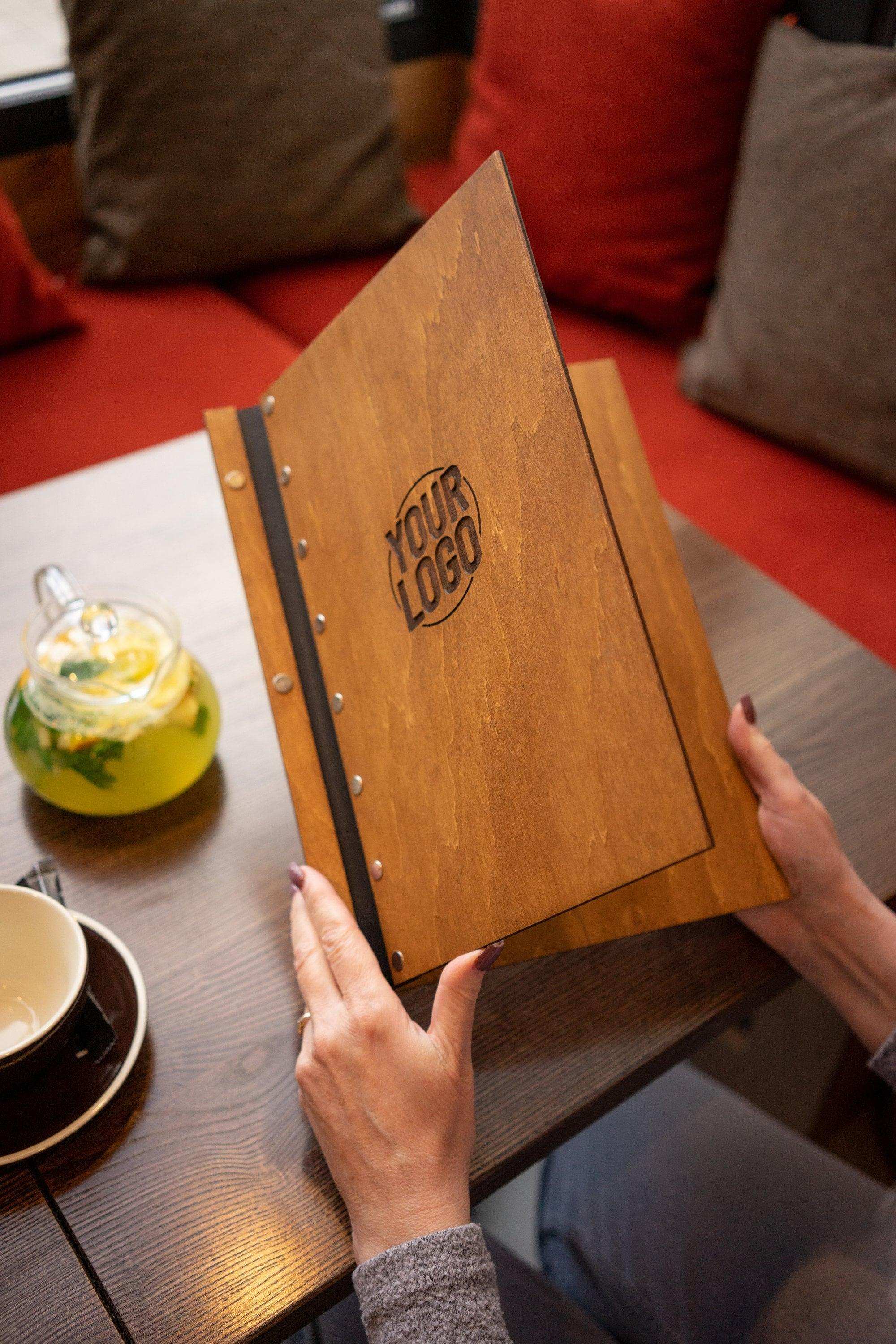Rustic Wood Menu Cover with Leather Straps