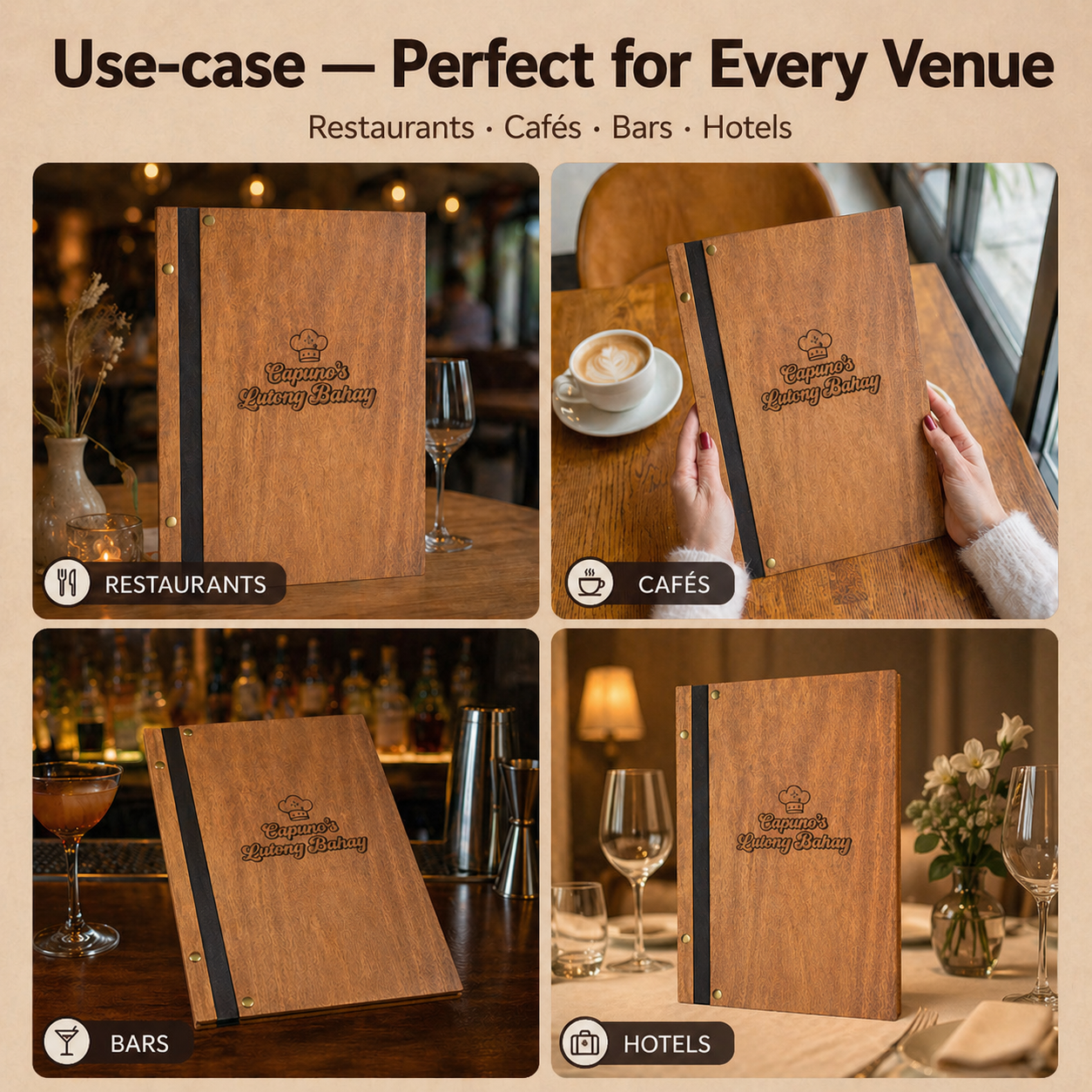Eco-friendly wooden menu cover for restaurants (custom size and free engraving)